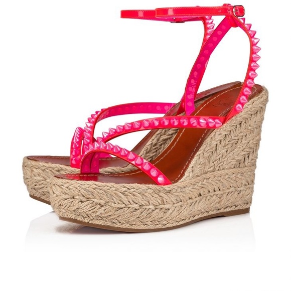 Christian louboutin mafaldina 120mm wedge espadrille pink neon sandal sz 39 - Picture 1 of 13